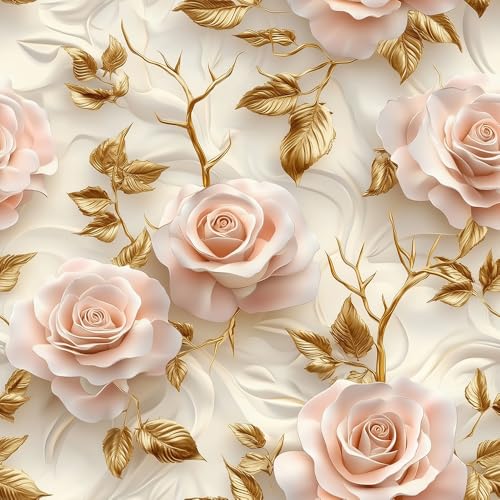 PROLEMIX Vintage Floral Peel and Stick Wallpaper, Pink Roses, Gold