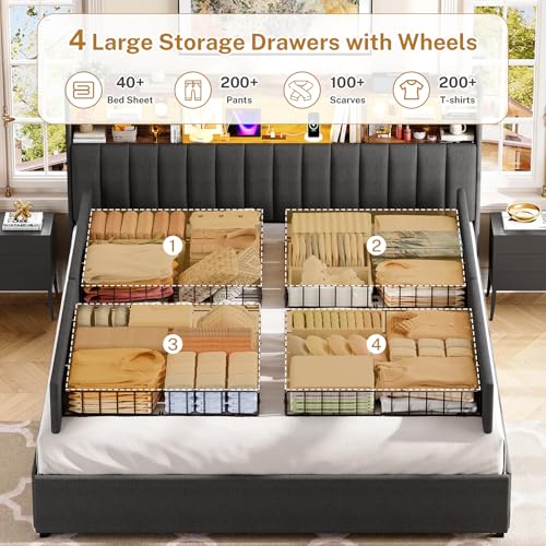 Image of TEENFON King Size Bed Frame with Headboard and 4 Drawers Storage, Bed Frame King Built in LED Lights and Charging Station, Sturdy & Noise-Free Upholstered Platform Metal Bed, Dark Grey