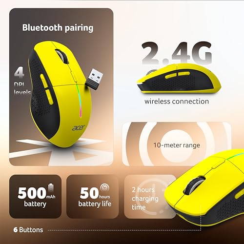Image of Acer Prism Dual Mode Wireless Mouse I 2.4G + Bluetooth I Silent Click I 3200 DPI (800-1200-2400-3200) I Rechargeable 500mAh I RGB LED I 6 Buttons I Lightweight 87g I Ergonomic Design for Laptop PC Mac