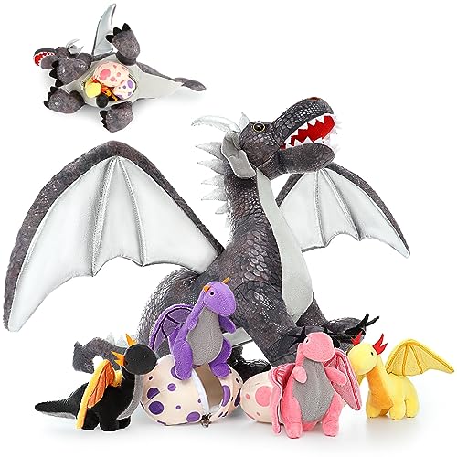 Image of Muiteiur Large Dragon Stuffed Animal Set,21.6 Inch Mommy Dragon with 4 Baby Dragon Plush 2 Eggs,Soft Dragon Plush Toy Gift for Kids Boys Girls