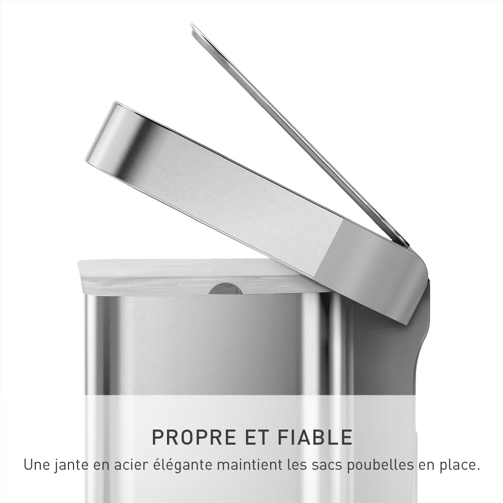 simplehuman poubelle rectangulaire à pédale, avec réserve à sacs, acier inoxydable brossé avec couvercle en plastique gris, 45 litres