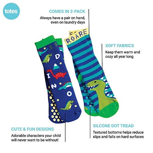 totes Girls Boys Kids Cozy Warm Soft Toddler Child Slipper Sock with Non-Slip Grips and Fun Cute Dino/Unicorn design, 2 Pack2