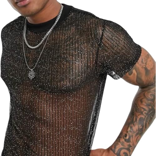 Mens Lace Shirt Sexy Sheer Top See Through Short Sleeve Glitter Undershirts Male Mesh T-Shirt3