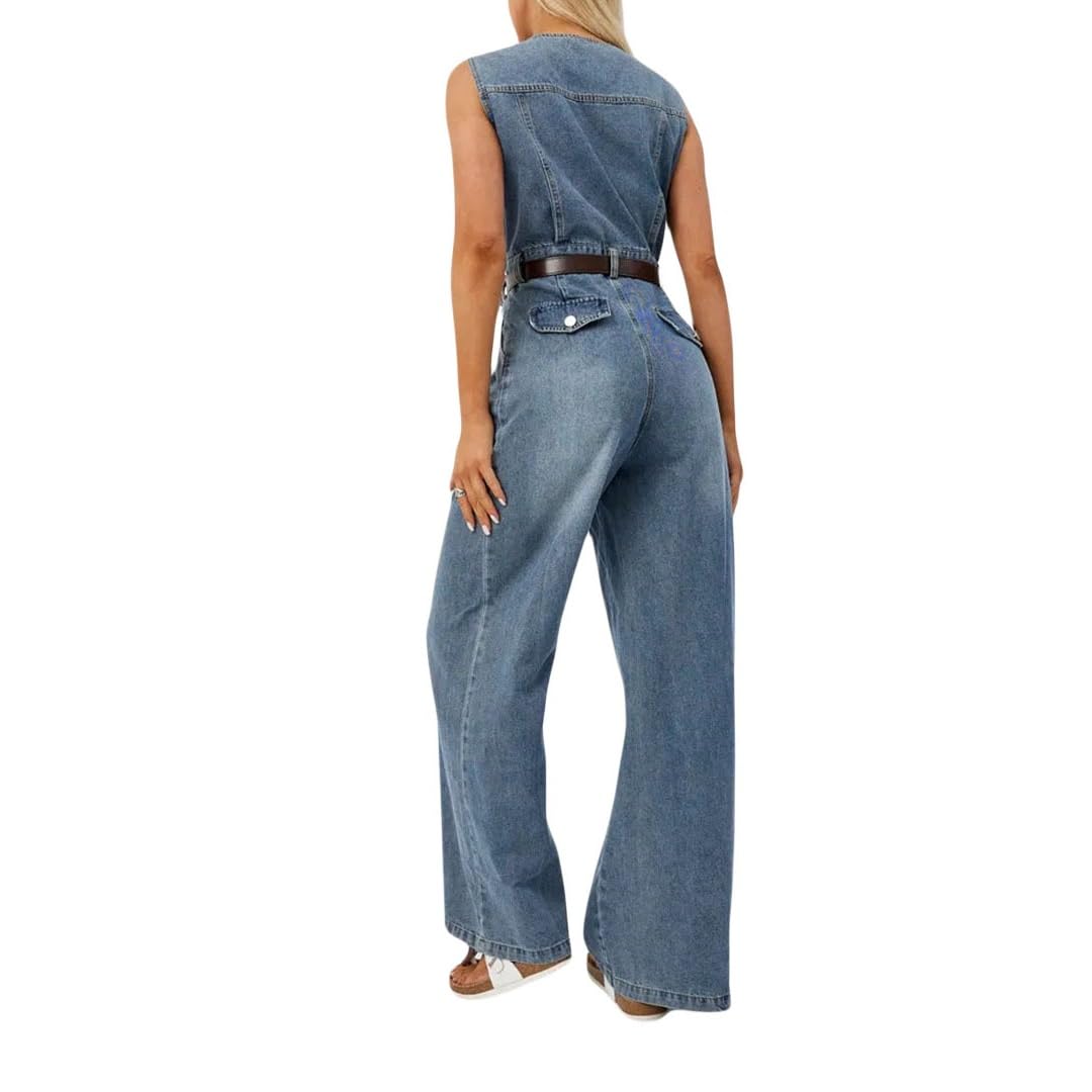 Combinaisons En Jean Sexy Pour Femmes Col En V, Sans Manches Jambes Larges