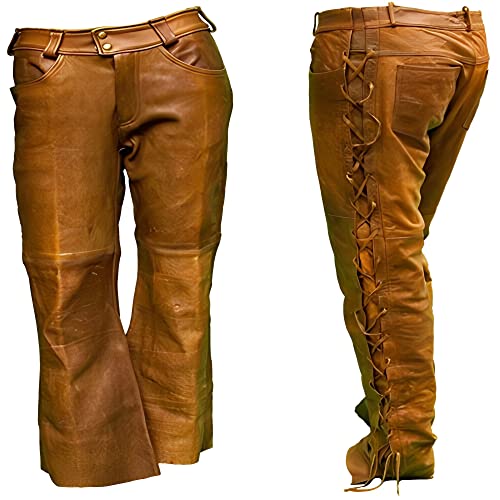 Mens Cowboy Western Traditional Native American Leather Pants Men Casual Breeches Fashion Pant Mens Side Laces Pant (as1, Waist, Numeric_34, Numeric_34, Regular, Regular, Camel Brown, Regular)2