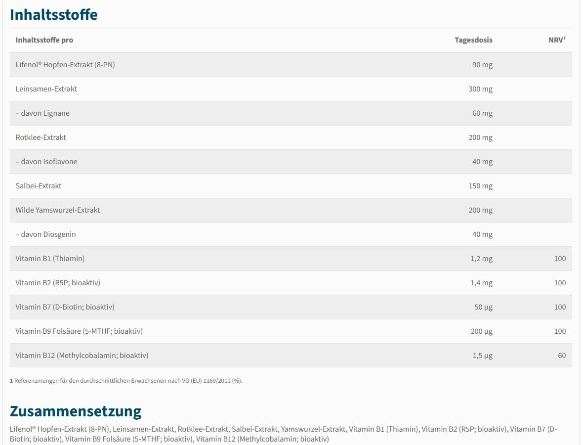 NautuGena KlimaktoBalance/Lifenol Hopfen-Extrakt (8-Prenylnaringenin)/ Rotklee- und Yamswurzel-Extrakt/Salbei und Leinsamen für die Frau / 90 Kapseln HPMC (1-Monats-Packung)