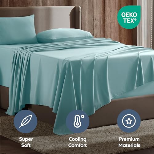 Image of Nestl Split King Bed Sheet Set - Light Blue - 5-Piece Deep Pocket | Instantly Soft, Night-One Ready (No Wash Required). Fits 16-Inch Deep Pockets, 360-Degree Elastic Grip