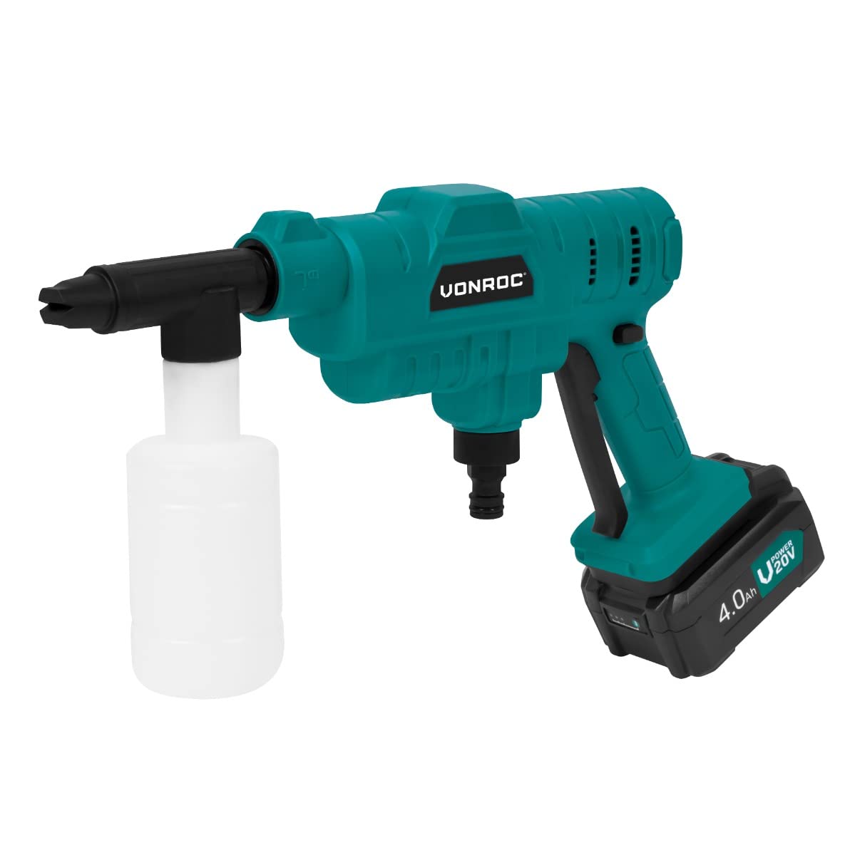 VONROC Hidrolimpiadora compacta sin cable 20V - 24bar - 198 l/h – Incl. manguera de aspiración de 5m, botella de detergente y boquilla pulverizadora ajustable – Con batería de 4.0Ah y cargador rápido