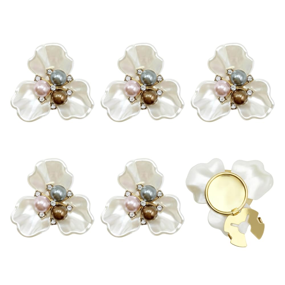 6PCS Crystal Pearl Button Covers, Decorative Rhinestone Buttons Cover Detachable Clip Button for Jeans Crafts Sewing