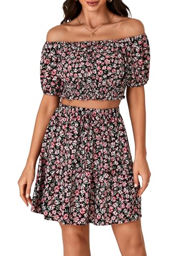 Vrtige Women's 2 Piece Outfits Floral Off Shoulder Short Sleeve Crop Top and Ruffle Mini Skirt Set2