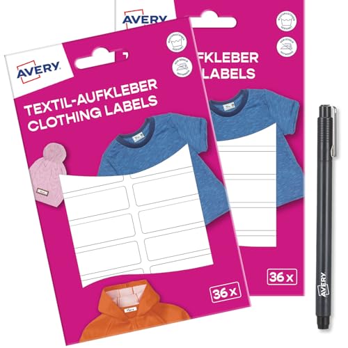 AVERY Zweckform ETVET36X2PEN Juego de pegatinas impermeables para ropa, 72 unidades (13 x 45 mm, lámina de vinilo, etiquetas textiles autoadhesivas, etiquetas textiles para etiquetar para lavadora