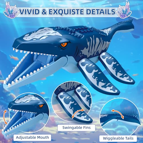 Image of Ocean Explorer Mosasaurus Dinosaur Building Set Compatible with Dinosaur Park World, Include Mosasaurus, Pterosaur, Boat, Helicopter, Research Station, Dino Toys Gift for Kids Boys Age 6-12