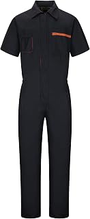 Yukirtiq Men's Zip Front Fastening Boilersuit Protective Workwear Overalls Short Sleeves Boiler Suit with Elasticated Waistband Hardwearing Functional Coverall Contrasting (L, Black)