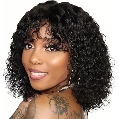 ALISFEEL Human Hair Water Wave Wigs with Bangs Glueless Non Lace Front Bob Wig with Bangs 150% Density Brazilian Short Curly Wig Human Hair for Black Women Natural Black (14 Inch) Cover