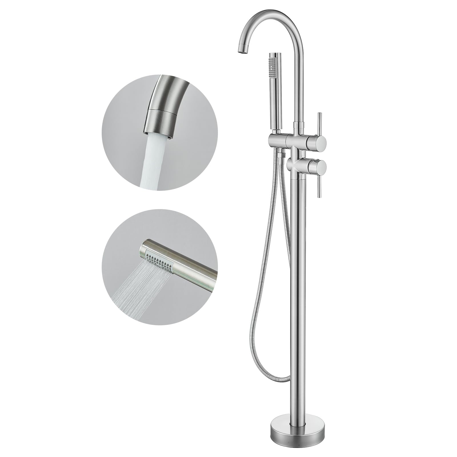 YAGATAP Freestanding Bathtub Faucet Floor Mount Tub Filler Brushed Nickel High Flow Shower Faucets with Handheld Shower Mixer Taps Swivel Spout…