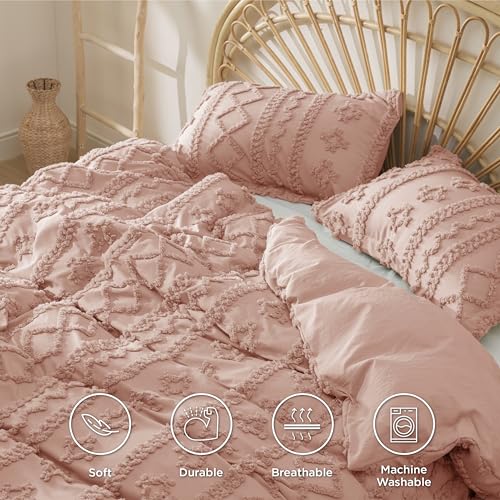 Image of Bedsure Boho Duvet Cover King Size, Soft & Comfortable Elegant Design Boho Bedding for Decoration, Machine Washable Comforter Cover for All Seasons,Includes 1 Duvet Cover & 2 Pillow Shams,Light Pink