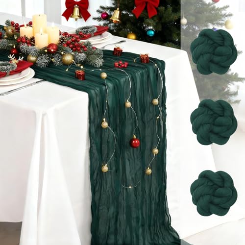 Fixwal 3 Pack Christmas Table Runners, Pleated Boho Gauze Table Runner, Long Semi-Transparent Table Decorations for Parties, Showers, Birthdays and Weddings(35x120 Inch)