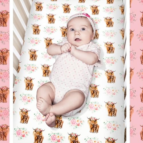 Image of Hahafelt 3 Piece Highland Cow Baby Crib Bedding Set for Baby Girls Pink Floral Nursery Crib Sets Includes Quilt,Fitted Crib Sheet, Crib Skirt for Newborns Baby Boy Girl