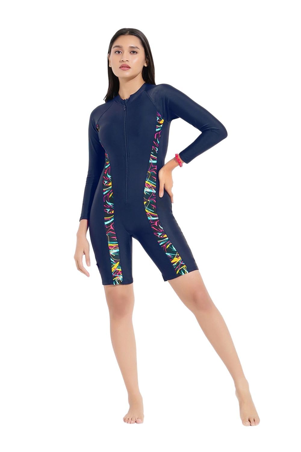 Women's Nylon Legging Full Sleeves High Neck (Front Zip) Printed Single Piece Swimwear/Swim Suit-image-1
