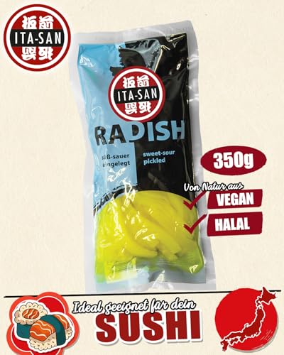 ITA-SAN Rettich Tankuan, eingelegter Rettich süß-sauer, japanisch, milde Schärfe, authentisch japanisch kochen, ideal für Sushi oder als Snack, vegan, halal, 1 x 350 g