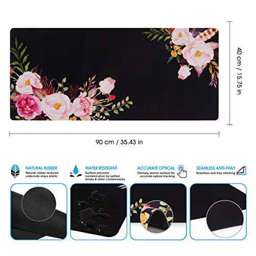 Image of iCasso Extended Gaming Mouse Pad (35.4x15.7 in), Large Non-Slip Rubber Base Mousepad with Stitched Edges, Waterproof Keyboard Mouse Mat Desk Pad for Work, Game, Office, Home (Flower)