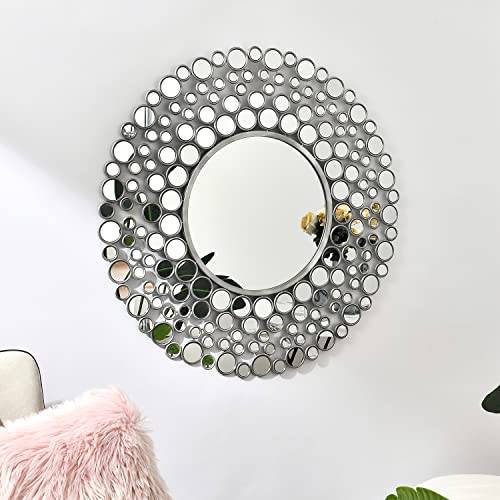 Hmange Round Decorative Wall Mirror, Large Modern Silver Mirrors For Wall Decor, 36 Inch Circle Metal Framed Vanity Mirror For Living Room Bedroom, Entryway, Foyer, Hallway #TOP5