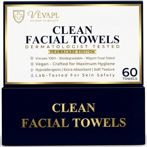 VÊVAPL® - VEVAPL Clean Facial Towels XL – 60 Towels | 100% Viscose, Disposable Face Towel, Dermatologist Tested, Ultra Soft, Ultra Thick 90GSM for Skincare, Makeup Removal & Daily Cleansing