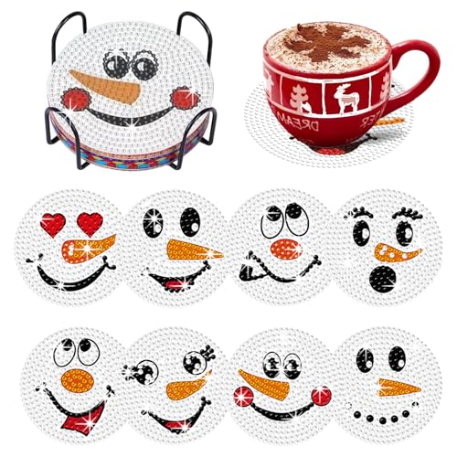 KUBFDL Diamond Painting - Lot de 8 dessous de verre de Noël - Bonhomme de neige - Avec support pour adultes débutants et enfants - Dessous de verre diamant - Bricolage