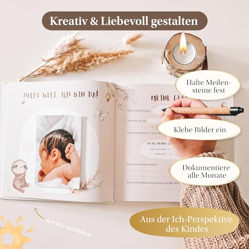 EULENTALER® Das Original Babytagebuch Boho I Von Pädagogen gestaltet I Mit süßen Waldtieren & stabilem Papier I Viel Platz für Fotos I Babyalbum Mein erstes Jahr – Geschenk zur Geburt & Babyparty