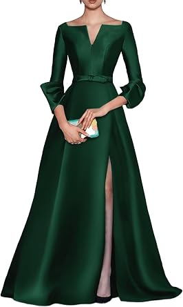A Line Long Evening Gowns with Side Slit Satin V Neck Wedding Guest Dresses Long Sleeve Cocktail Party Dress