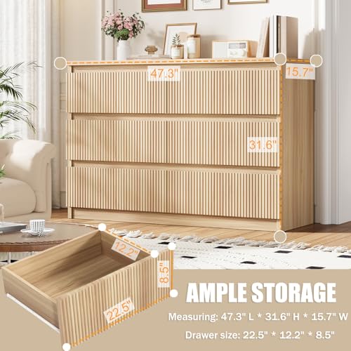 Jocoevol 6 Drawer Dresser for Bedroom, Boho Fluted Dresser with Deep Drawers, Large Double Wood Chest of Drawers for Living Room, Hallway, Entryway, Ink Black - Image 2