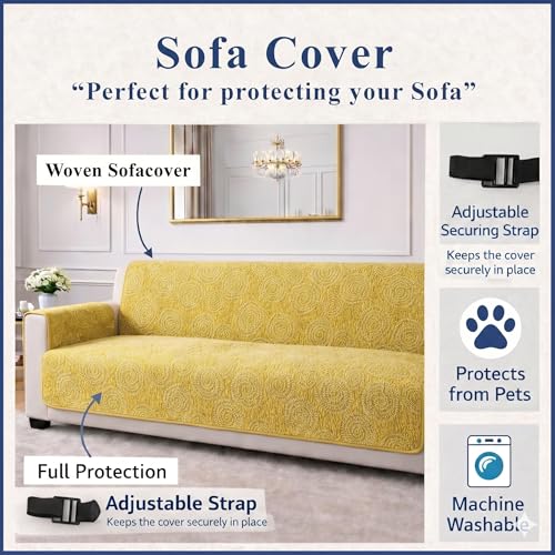 Image of STITCHNEST 'Opulence Series' Floral Woven Sofa Cover for 2 Seater | Premium Soft Fabric Sofa Protector | Yellow Circular Pattern with Tassel Edge Finish | Durable Living Room Furniture Cover