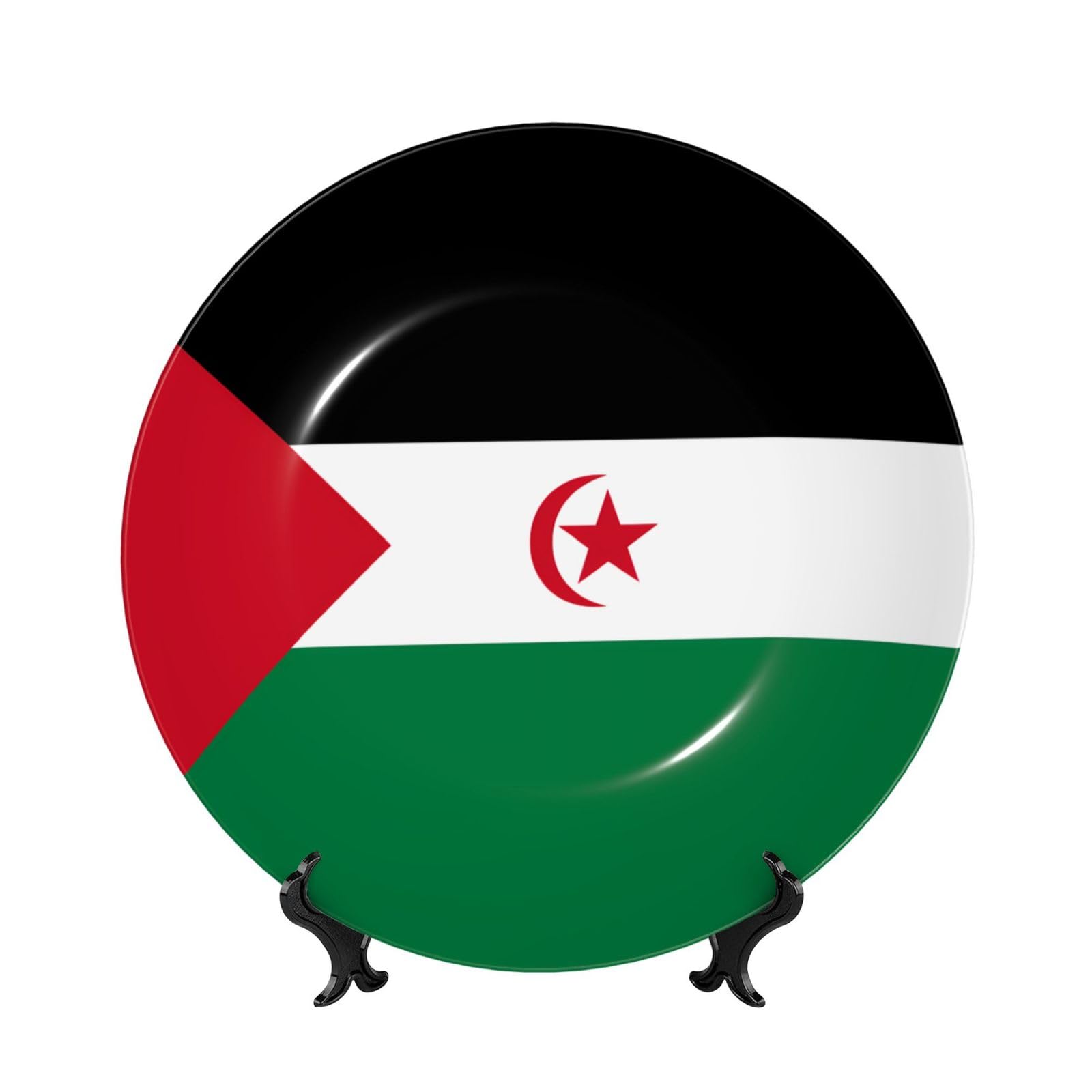 SXZVVBN Flag of Western Sahara Bone China Decorative Plate Art with Stand Removable Adhesive Hanging for Home Office 7in