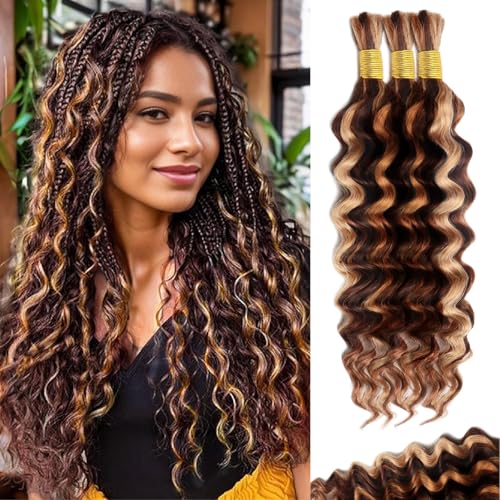 MUXFILLA 12 Inch Highlight Human Braiding Hair for Boho Braids P4/27/30 Ombre Brown Blonde Deep Wave Curly Boho Braids Hair Extensions 100g for Braiding Knotless 3 Bundles/Pack
