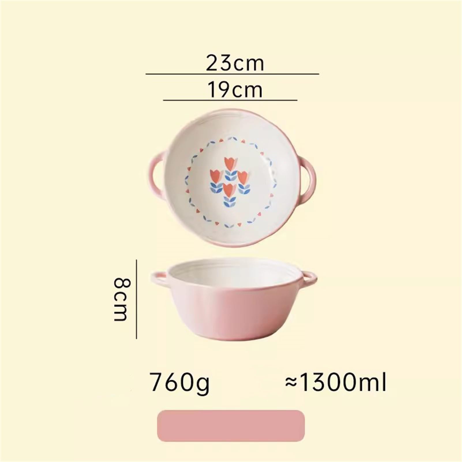 Meiiron Soup Bowls 1300 ml, White Ceramics Bowls with Handles, Deep Cereal, Serving Bowl for Salad, Rice, Pasta - 1Pc (Color : Pink)