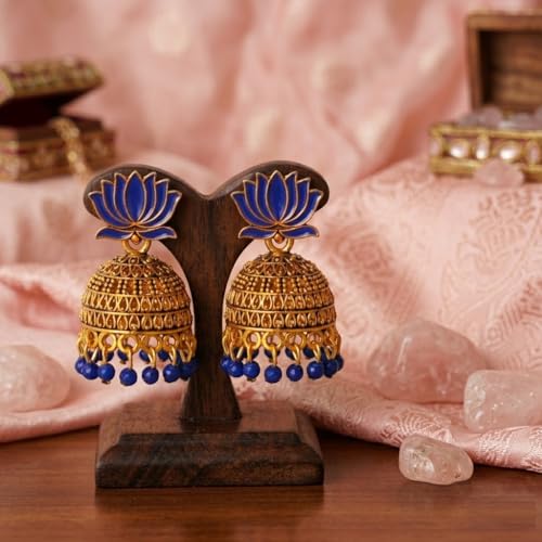 Image of OnlyKing Traditional Lotus Meenakari Jhumka Earrings for Women & Girls | Gold Color Oxidised Ethnic Floral Jhumki | Temple South Indian Style Ear rings Set | Stylish Trending Big Colorful Jhumkas (Available in 12 Colors)