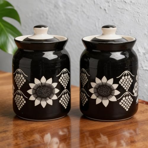 Image of Black Grapes Printed Ceramic Handglazed Pickle Jars Set of 2-1000 ML Each | 1 kg Achaar Martban Barni Jar with Lid | Ceramic Storage Jar Container Pickle, Chatney