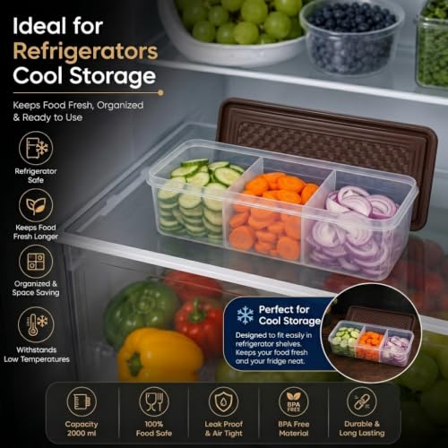 Image of MAGIC SPOON Multipurpose 3 Section Storage Container | Spice Box, Pickle Jar, Fridge Organizer, Dry Fruit, Vegetable & Kitchen Storage Container- Combo Pack (2000ml X 2) (BROWN-GREY)