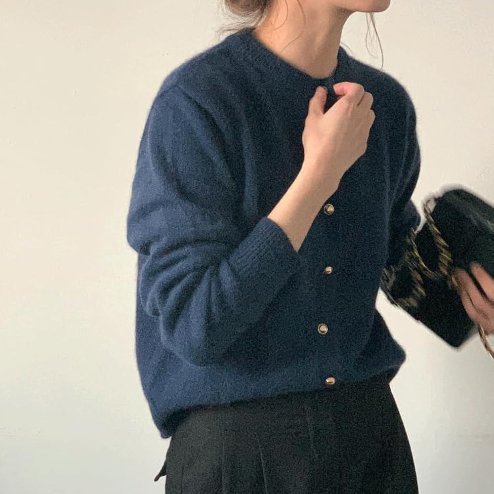 JOLILUNA Button Up Cardigan Navy Blue Cardigan for Women Crew Neck