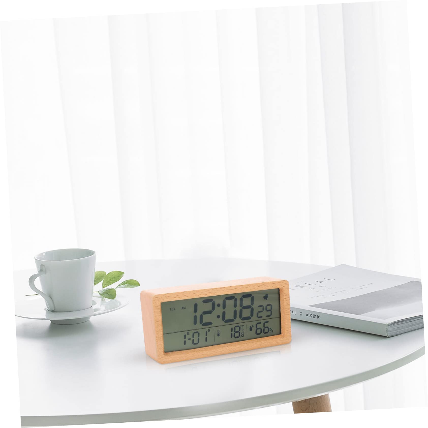 Amosfun 2 Juegos Reloj Despertador Digital Multifuncional de Madera con Pantalla Grande y Sensor de Temperatura para Mesita de Noche No Incluye Batería