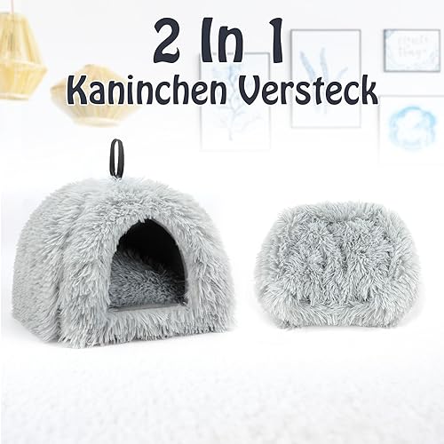 Sbayool Plüsch Kaninchen Bett, Bequem Warme Häschen Höhlenbetten, Kaninchen Haus Mit Bewegliches Pad, Geeignetes Kaninchenversteck Für Kleintiere Wie Meerschweinchen, Frettchen Und Chinchillas,Grau