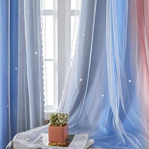 Image of XiDi Dream Star Blackout Curtains for Kids Rooms Girl Princess Curtain for Daughter Bedroom Window (Pink Grey Blue, W52 X L63)