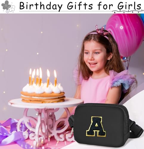 Image of COSHAYSOO Valentines Birthday Initial Gifts for Teen Boys 5 6 7 8 9 10 11 12 13 14 Year Old Black Fanny Pack for Women Belt Bag Crossbody Travel Purse Monogrammed Unique Trendy Stuff Chenille Letter S