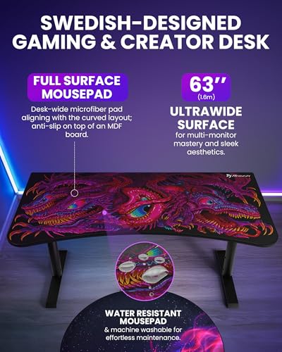 Image of Arozzi Arena Special Edition Ultrawide Curved Gaming and Office Desk with Full Surface Water Resistant Desk Mat Custom Monitor Mount Cable Management Cut Outs - Crawling Chaos