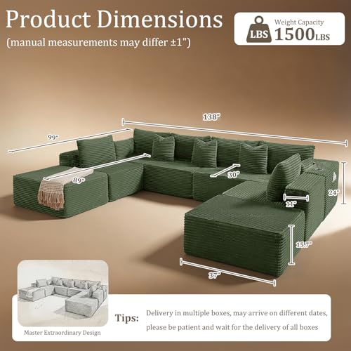 Image of 138 inch Cloud Sectional Couch, Comfort U Shaped Sofa for Living Room, Extra Deep Seats No Assembly, Minimalist Modular Couch, Corduroy (Olive Green, 8 Seats,U-Shape A)