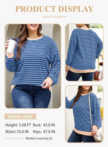 Image of Eytino Women Plus Size Striped Color Block Crewneck Sweatshirt(1X-5X)