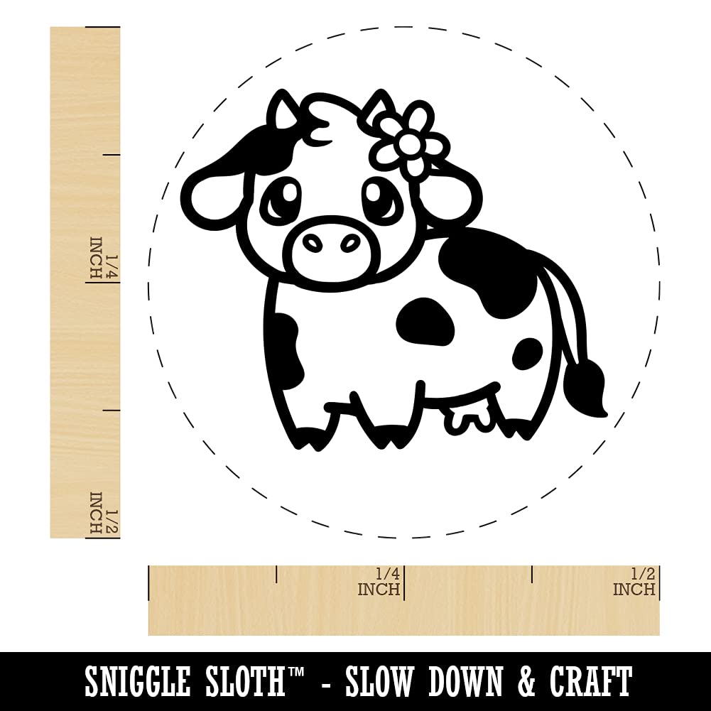 Darling Cow with Flower Self-Inking Rubber Stamp for Stamping Crafting Planners - 1/2 Inch Mini - Green Ink