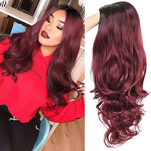 AISI QUEENS Red Ombre Wigs for Women Long Curly Wig Burgundy Wavy Synthetic Wigs Middle Part Full Wigs Heat Resistant Fiber Halloween Cosplay Party Wigs (20 Inches)