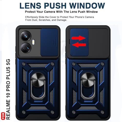 Image of AESTMO Tough Armor Realme 10 Pro Plus 5G Bumper Back Case Cover | Ring Holder & Sliding Camera Shield Cover | 360 Degree Protection Back Case Cover for Realme 10 Pro Plus 5G (Blue)