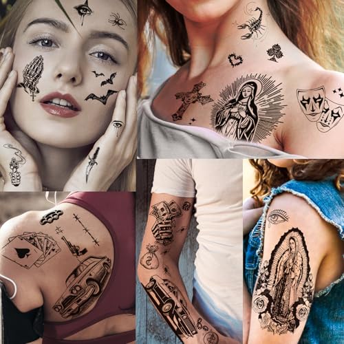 Image of 12 Sheets Large Chicano Temporary Tattoos, Cholo and Chola Temporary Tattoos, Chicana Guadalupe Gangster Fake Tattoos Day of the Dead, Dia de Muertos, Tatuajes Temporales, Halloween Mexico Tattoos